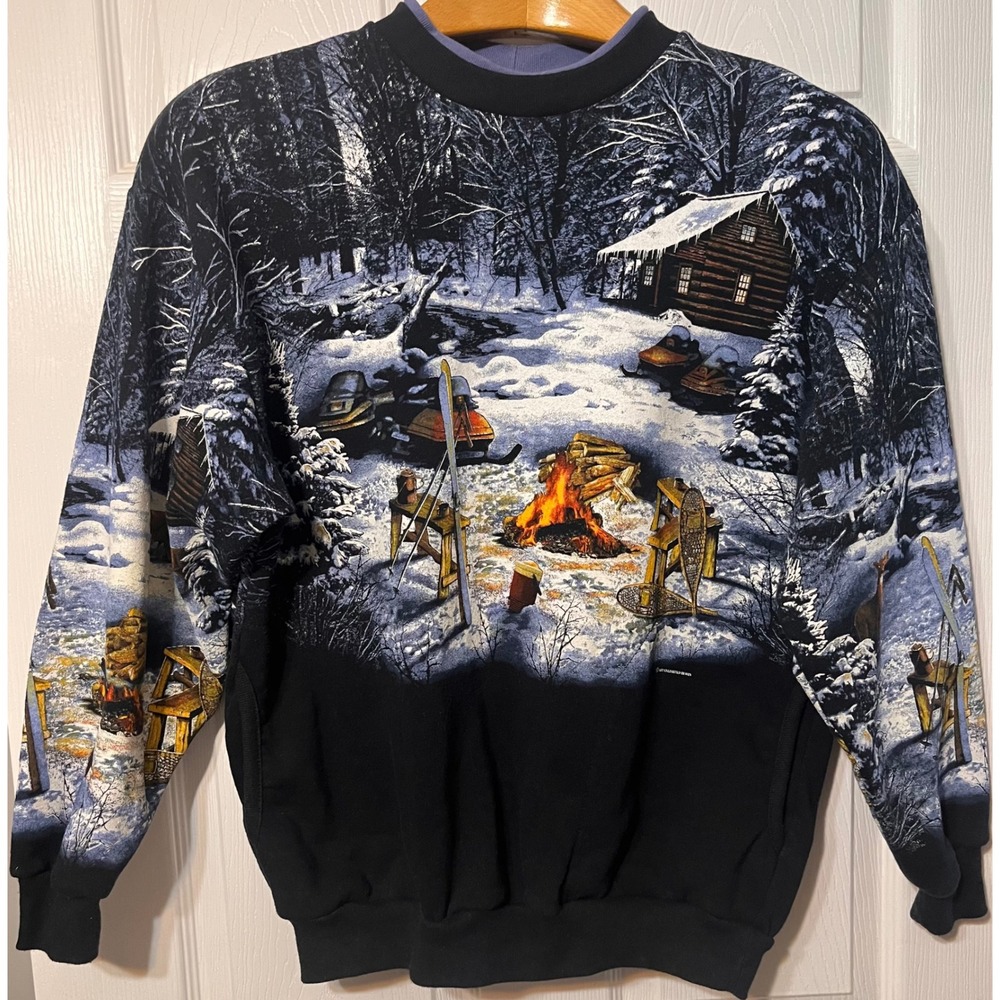 Art Unlimited Vintage Winter Cabin Scene Graphic L Sweatshirt Black Deer Ski